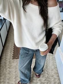 SOLTRB 女款新款休閒純色寬鬆露肩長袖針織毛衣，浪漫粉色，大尺寸針織上衣，粉色女裝 - 米色 - 查看 2