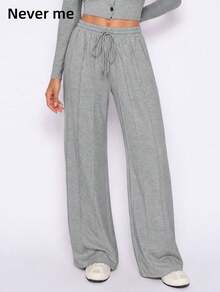 Never me Women's Sports Long Pants Yoga Pilates Loose Wide Leg Fit Elastic Waist Drawstring Design Side Pockets - Light Grey - View 4