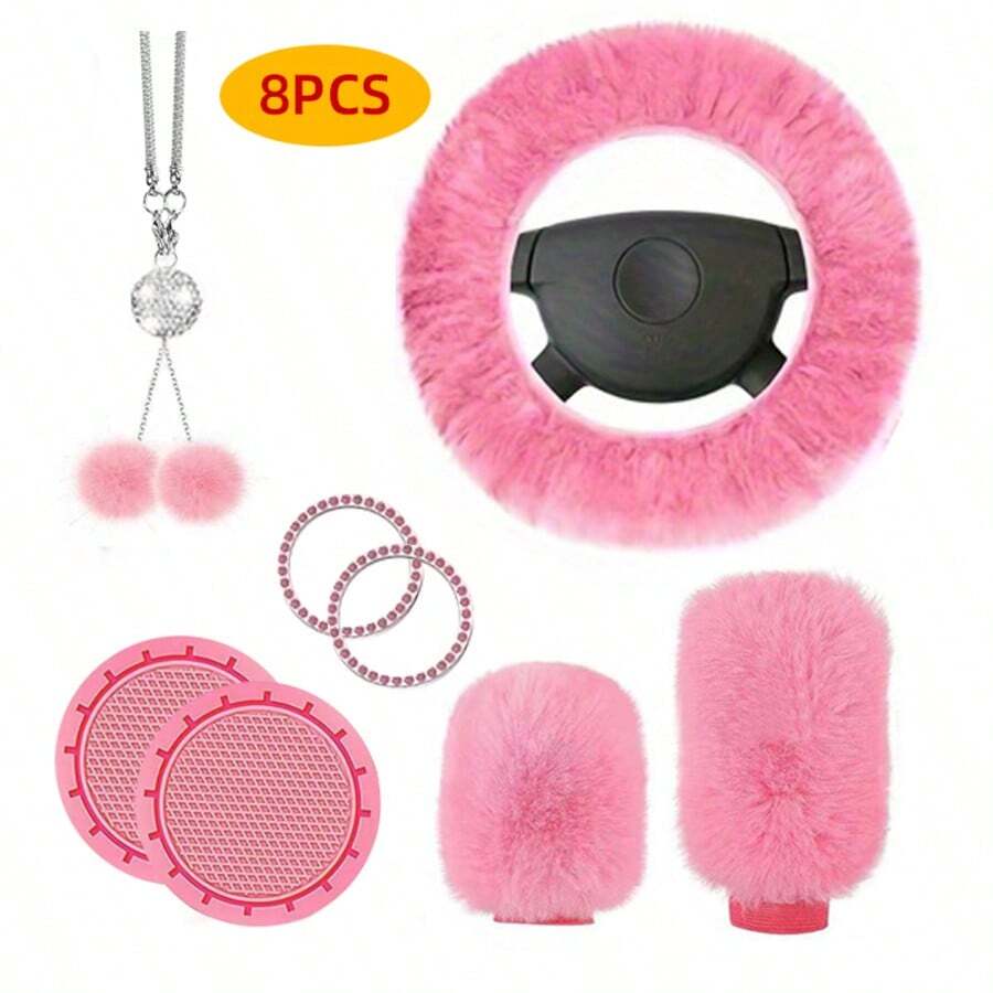 8PCS Winter Plush Car Steering Wheel Cover, Comfortable & Warm, Bling Bling Style Plush Pendant, Gear Shift Cover Protective Sleeve, Cup Holder Mat Combination, Multiple Colors Available - Multicolor - View 1