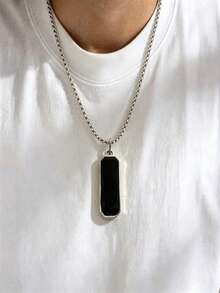 1pc Elegant Men's Stainless Steel Necklace With Exquisite Black Oil Drop Pendant, Unique Geometric Design, Suitable For Various Occasions - Black - View 2