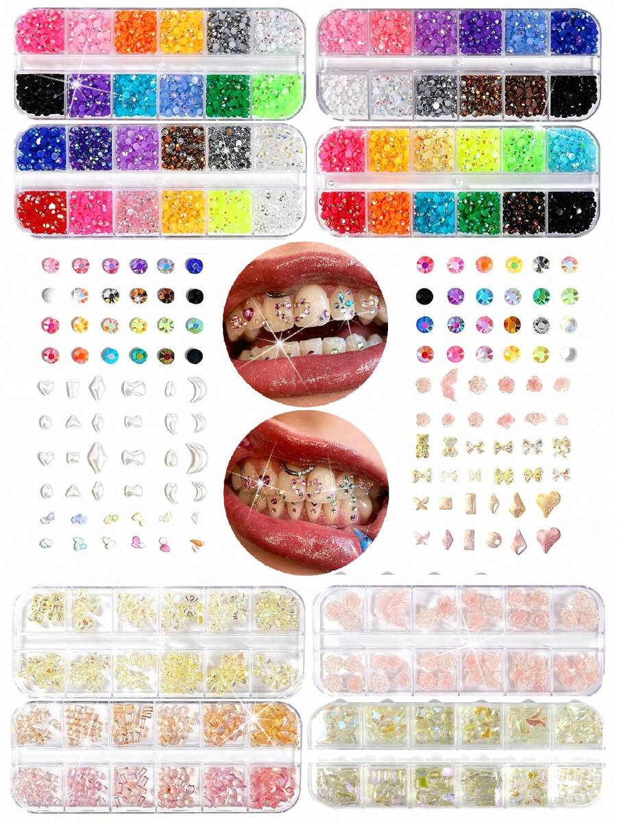 1set/25PCS Elegant DIY Tooth Decor Set, Cute Cartoon Tooth Sparkling Accessories With Faux Rhinestones, Easily Match Different Outfit Styles Tooth Jewelry, For Daily Wear, Party, Gift (Glue Not Included) - 25-piece Multi-color Set 2 - View 1