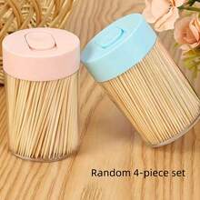 4pcs (300pcs Toothpicks + Container), Natural, Single-Use, Cylindrical Container With Flip Cover, Suitable For Home, Restaurant And Hotel Use, Random Color - Multicolor - View 12