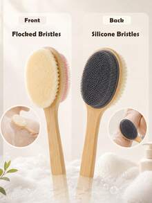 1pc Long Handle Double-Sided Bath Brush, One Side Flocked Bristles And One Side Silicone Brush, Non-Slip Hanging Scrub Brush, Unisex, Long Handle Bathing Tool - Multicolor - View 4