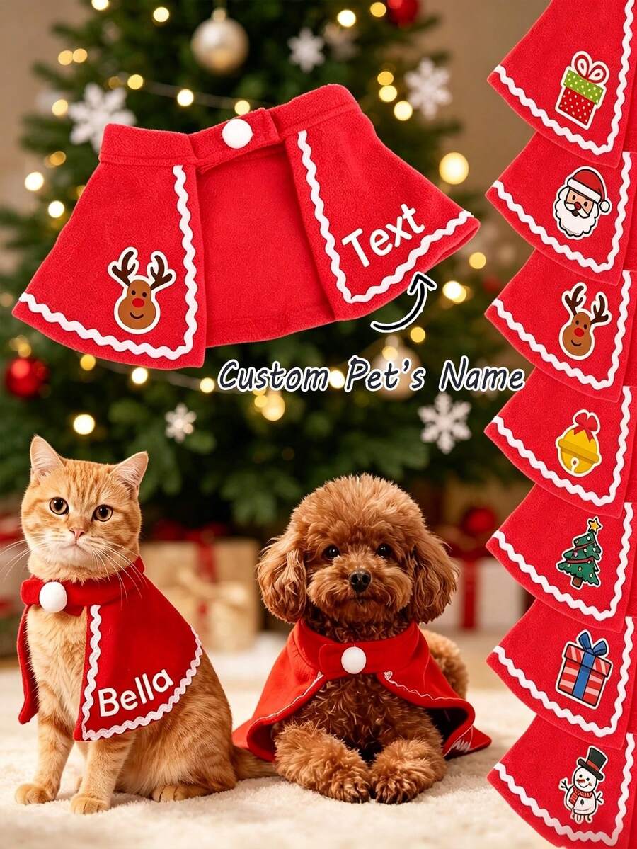 Customizable Christmas Cat Scarf, Personalized Engraved Pet Shawl, Suitable For Dogs, Multiple Fonts Available For Holiday Decoration - Multicolor - View 1