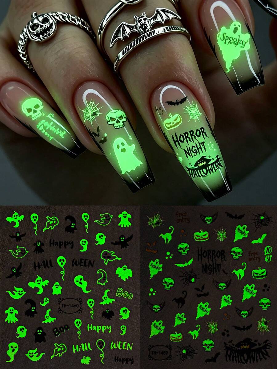 Beauty Sticker 2件組萬聖節螢光美甲貼紙,秋季卡通幽靈骷髏南瓜哥德風自黏式美甲貼花,適合女性萬聖節派對與Cosplay DIY美甲藝術 - 彩色 - 查看 1
