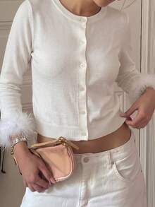 Live To Mo Y2K Women's White Knitted Cardigan Feather Decorative Long Sleeve Sweater Coat Suitable For Autumn Back To School, Date, Daily Dressing - Off White - View 5