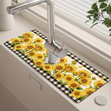 1pc Sunflower Pattern, Sink Faucet Absorbent Mat, Drainage Mat, Suitable For Kitchen, Bathroom Sink, Countertop, Drainage Mat, Diatomaceous Earth Material, Trimmable, Quick-Dry Mat - Multicolor - View 1