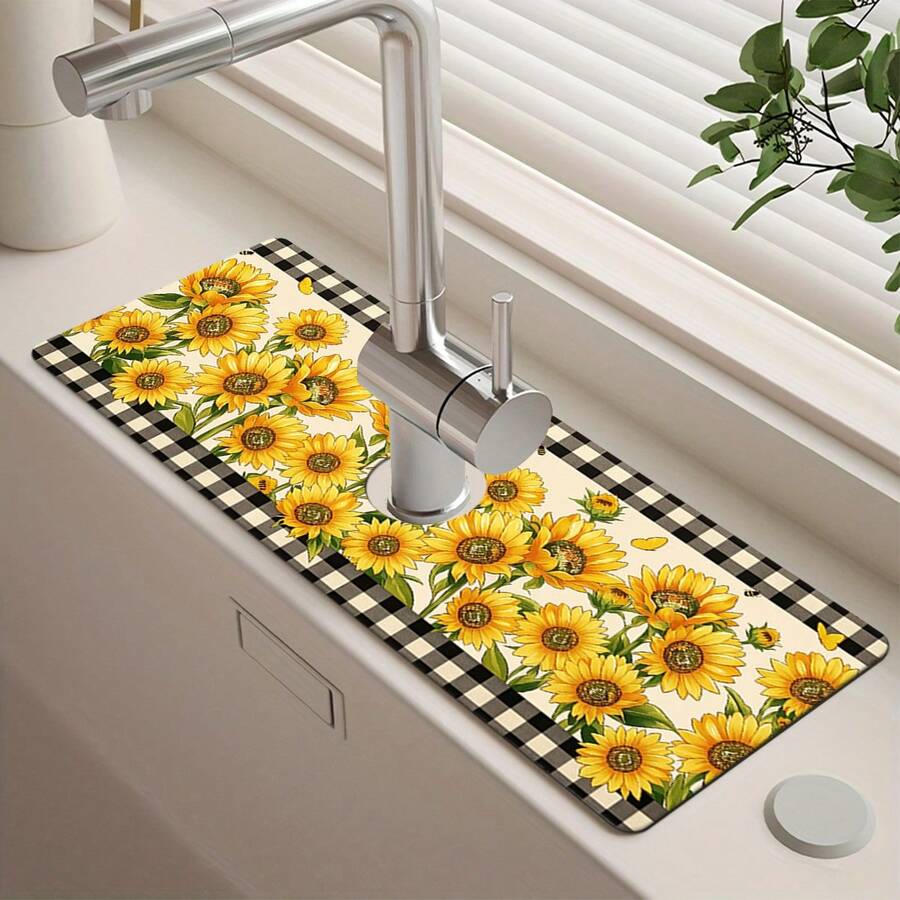 1pc Sunflower Pattern, Sink Faucet Absorbent Mat, Drainage Mat, Suitable For Kitchen, Bathroom Sink, Countertop, Drainage Mat, Diatomaceous Earth Material, Trimmable, Quick-Dry Mat - Multicolor - View 1