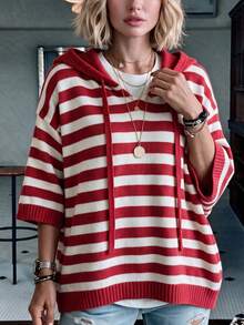 Plus Size Women Red Colorblock Striped Hooded Knit Top, 3/4 Sleeve Drawstring Loose Long Fashion Street Style Sweater - Red - View 3