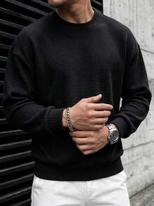 Áo cổ tròn nam casual màu trơn vân nổi, đa năng cho đi làm hàng ngày - màu đen - Xem 1