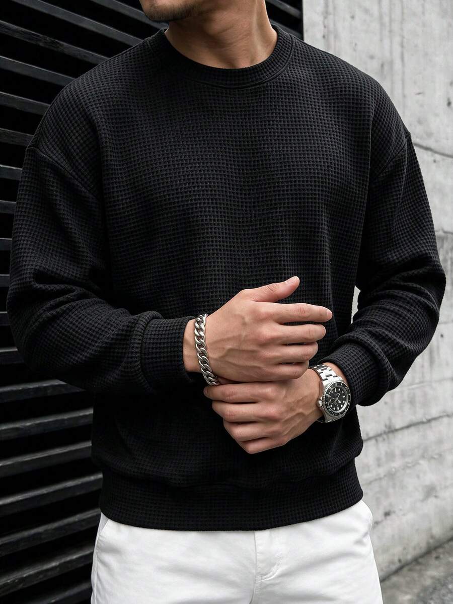 Áo cổ tròn nam casual màu trơn vân nổi, đa năng cho đi làm hàng ngày - màu đen - Xem 1