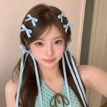 6pcs Blue Bow Hair Clips Sweet Girl Hair Accessories Double Ponytail Braid Ribbon Hair Clips Alligator Hair Clips - Multicolor - View 2