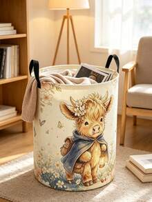 Cute Highland Cow Floral Print Laundry Hamper, Collapsible Large‑Capacity Storage Basket With Handles, Clothing Storage, Unisex, Essential For Daily Home And Dorm Use - Multicolor - View 3