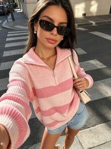秋冬新款女款方領拉鍊條紋底層上衣，時尚高端極簡可愛優雅套頭毛衣，百搭 - 粉色 - 查看 8