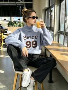 Autumn/Winter Thick Vintage Letter 99 Print Mock Neck Sweater Women Loose Drop Shoulder Short Knit Top - Blue - View 4