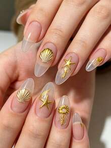 6pcs Gold Luxury Metal Minimalist Nail Art Stickers, Multiple Heart Star Bowknot Shell Cross Flower Self-Adhesive Nail Decals, Minimalist Metallic Texture DIY Nail Decoration - Multicolor - View 3