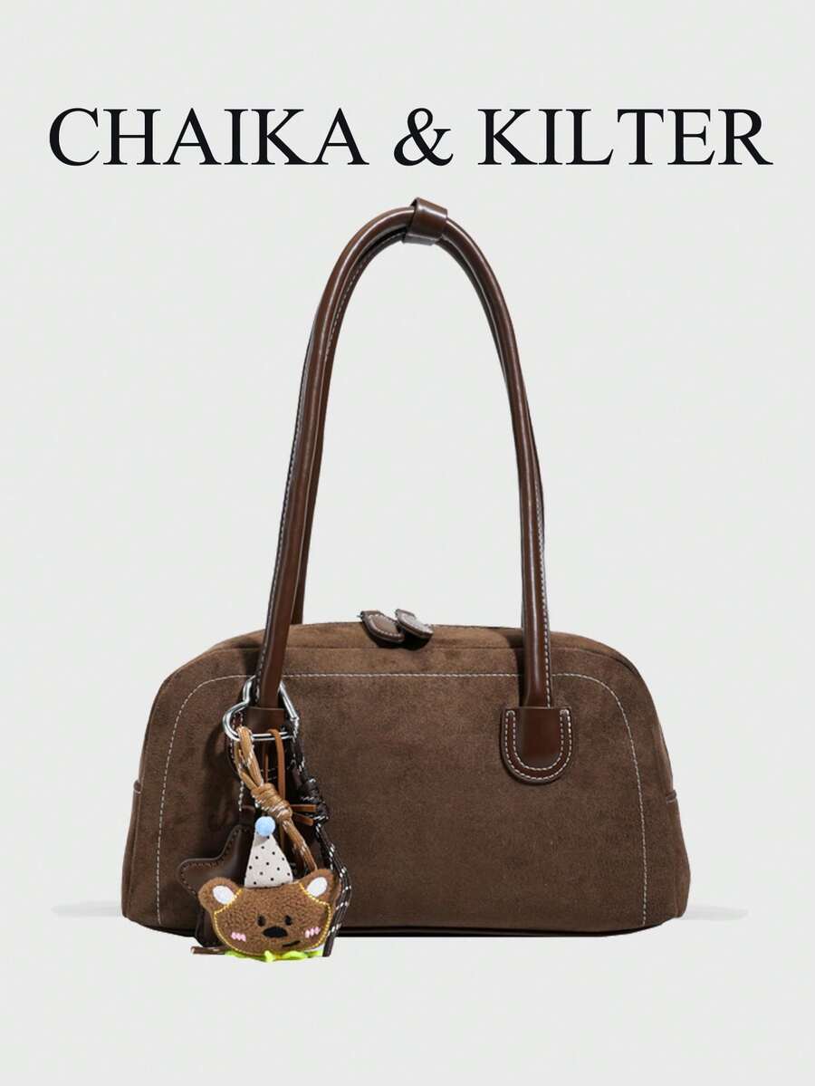 CHAIKA & KILTER 1件裝純色麂皮布料女款復古時尚啞光保齡球包，對比色絎縫縫線，雙手柄設計，拉鍊開合，適合日常與街頭穿搭