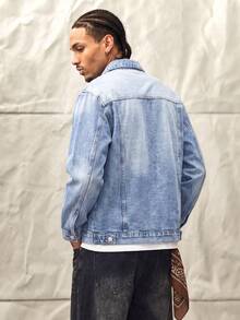 Norleigh Jaket Denim Lengan Panjang Pria Ukuran Besar, Warna Polos Sederhana, Kasual Urban, Cocok untuk Pemakaian Sehari-hari, Jalan-jalan, Pesta, Liburan, dan Musim Gugur. - Medium Wash - View 2