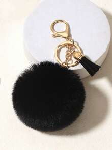 Fluffy Faux Fur Pom‑Pom Keychain, Tassel Decor Metal Lobster Clasp Key Ring, Soft Plush Ball Bag Charm Pendant For Handbag Backpack Car Keys - Coffee Brown - View 1