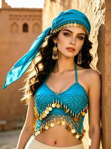 Exotic Style Coin Turban Head Wrap Mesh Coin Charm Chest Ornament For Nightclub Themed Event Dance Styling Decor Accessories Multiple Colors Available - Multicolor - View 15
