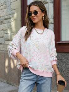 Blusa holgada para mujer con cuello redondo, hombros caídos, manga larga, textura acanalada, estampado floral y a cuadros en patchwork rosa, casual para uso diario y vacaciones de otoño - Rosa Pálido - Ver 2