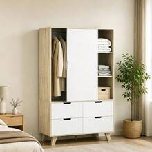 Modern Bedroom Wardrobe With Sliding Doors, Hanging Rail, Adjustable Shelves, And 4 Drawers, Oak And White - Natural+White - View 8