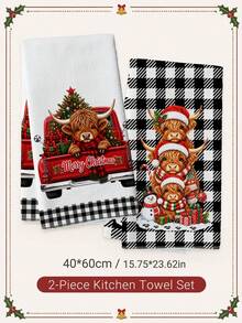 2pcs Christmas Black Plaid 3 Highland Cows Wearing Santa Hats Pattern Kitchen Towels, Soft Polyester Material Dish Cloths, Suitable For Kitchen Decor, Kitchen Cleaning, Holiday Party Decoration, Kitchen Bathroom Supplies Home Essentials, Home Decor, Housewarming Gift - Multicolor - View 8