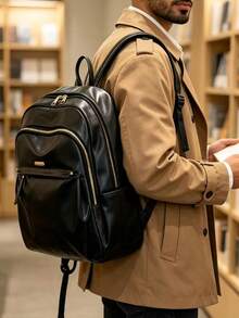Men's Solid Color PU Glossy Backpack With Multiple Zippers, Casual Daily Use, Large Capacity Travel & Work Backpack With Side Pockets - Black - View 8