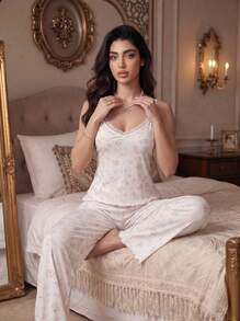Women's Sweet Ditsy Floral Camisole Pajama Set, V-Neck Lace Trim Design, Soft Flowing Wide Leg Pants - Champagne - View 3