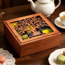1pc Solid Wood Handmade Laser Hollow Tree Of Life Carved Square Divided Storage Box With Lid, Tea Storage Box, All-Season Kitchen Countertop Dining Table Home Storage Decor Box - Multicolor - View 3