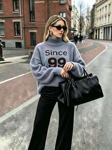 Autumn/Winter Thick Vintage Letter 99 Print Mock Neck Sweater Women Loose Drop Shoulder Short Knit Top - Blue - View 2