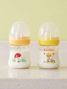 1pc Cartoon Pattern Wide Neck Baby Bottle, PPSU Material, Temperature Resistant -20°C To 180°C, High Temperature Sterilizable, 140ml Capacity, Liquid Silicone Nipple, Lightweight, Shock-Resistant, Durable - Multicolor - View 1