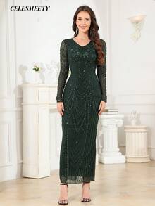 Women's V-Neck Long Sleeve Elegant Emerald Green Beaded Sequin Evening Gown - Green - View 4