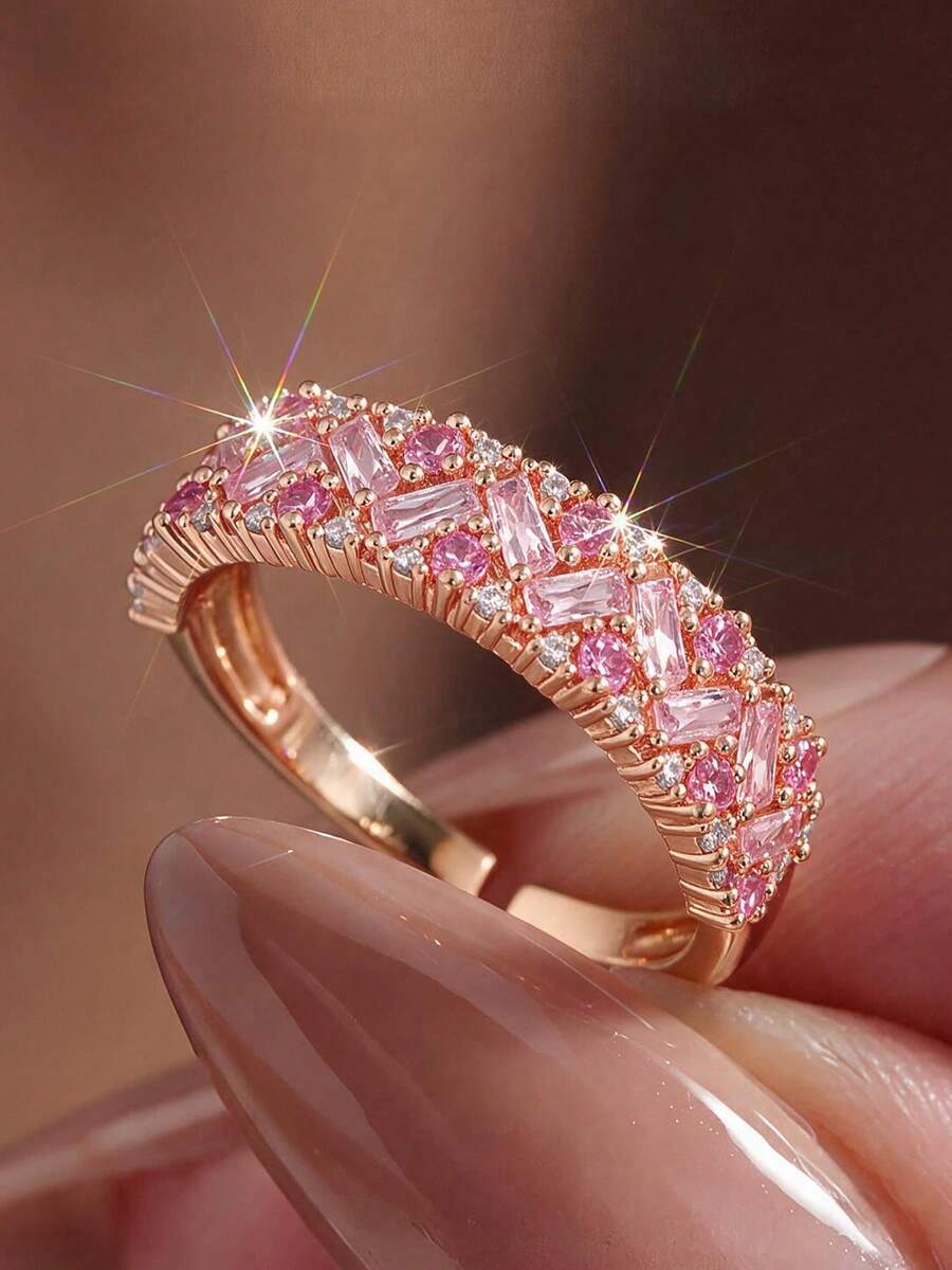 1pc Fashion Wedding Women's Ring, Luxury Pink Diamond Trapezoid Intertwined Band Copper Ring, Niche Design High Color Retention Rose Gold Plated Index Finger Ring - Gold - View 1