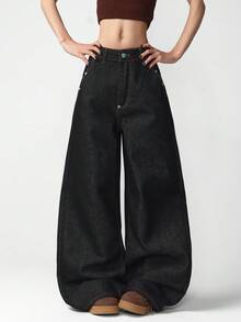 1pc Women's Retro American Street Style Distressed Blue Rivet Patchwork Back Pocket Loose Comfortable Wide Leg Jeans, Fashionable Versatile Denim Pants For All Seasons (Belt/Accessories Not Included) - Black - View 2
