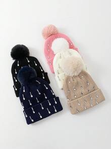 1pc Women's Fashion Handmade Rhinestone Raindrop Heavy Embellished Pom Pom Knit Beanie Hat, Suitable For Autumn/Winter Daily Warmth And Travel Outfit - A - View 2