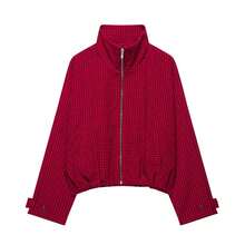 Fashion Plaid Stand Collar Zipper Short Jacket, Casual Loose Long Sleeve Outerwear, Suitable For Autumn - Red - View 10