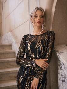 Romagic Round Neck Black & Gold Sequin Elegant Long Evening Gown For Ball - Black - View 6