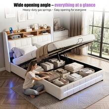 Modern Double Bed Frame 137x190cm, Upholstered Platform Bed With RGB LED Headboard And Storage Shelf, White Bed With Wood Slats, APP & Remote Control LED Lights, No Box Spring Required - White - View 6
