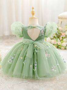 Baby Girls Puff Sleeve Embroidered Mesh Cute Birthday Dress, Random Floral Pattern Fabric, Headband Not Included - Green - View 3