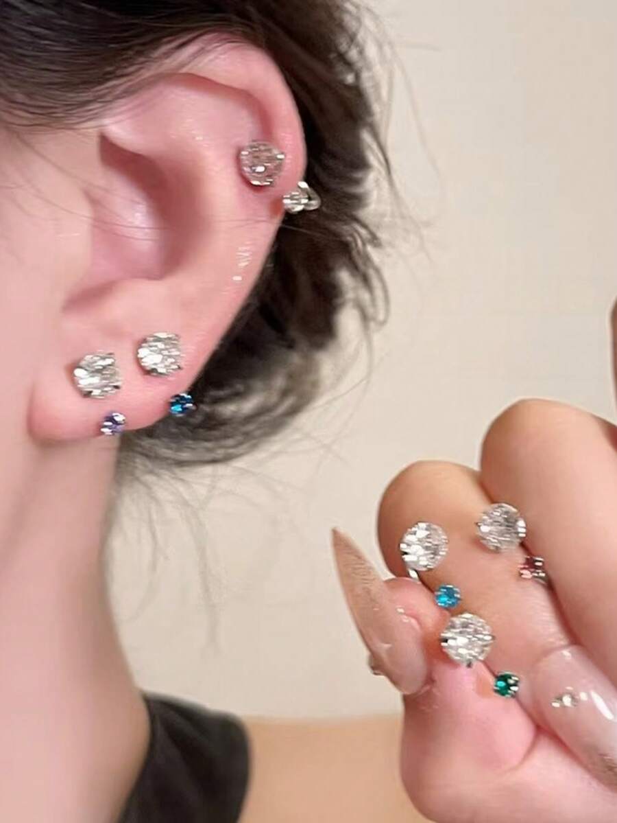 1pc Colorful Sparkling Zirconia Women's Luxury Versatile Elegant Exquisite Ear Piercing Earrings Wholesale - Silver - View 1