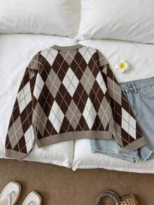 1pc Autumn/Winter Vintage Style Argyle Round Neck Sweater, Soft & Comfortable, Casual Slouchy Contrast Color Knit Pullover - Multicolor - View 2
