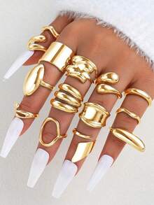 14pcs Heavy Asymmetrical Gold Stackable Ring Set, Abstract Hammered Hollow Layered Knuckle Rings, Fashion Statement Jewelry For Women - Gold - View 2