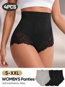 MEIYATING 4pcs High Waist Tummy Control Butt Lifting Seamless Lace Pattern Triangle Panties For Women - Multicolor - View 2