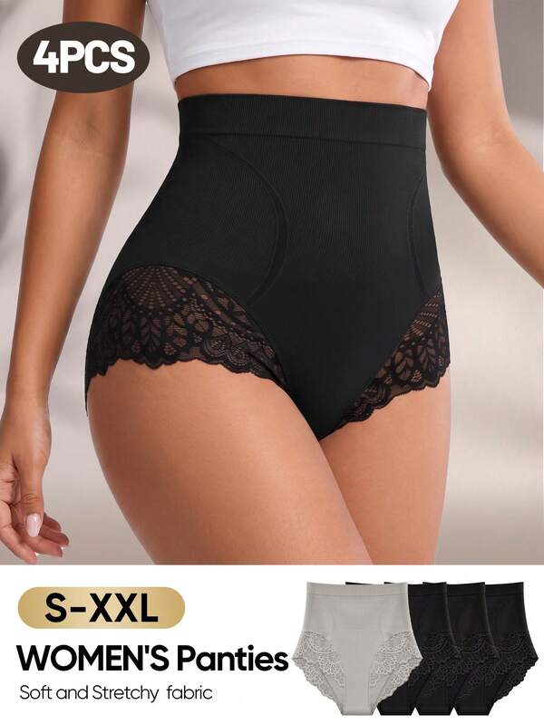 MEIYATING 4pcs High Waist Tummy Control Butt Lifting Seamless Lace Pattern Triangle Panties For Women