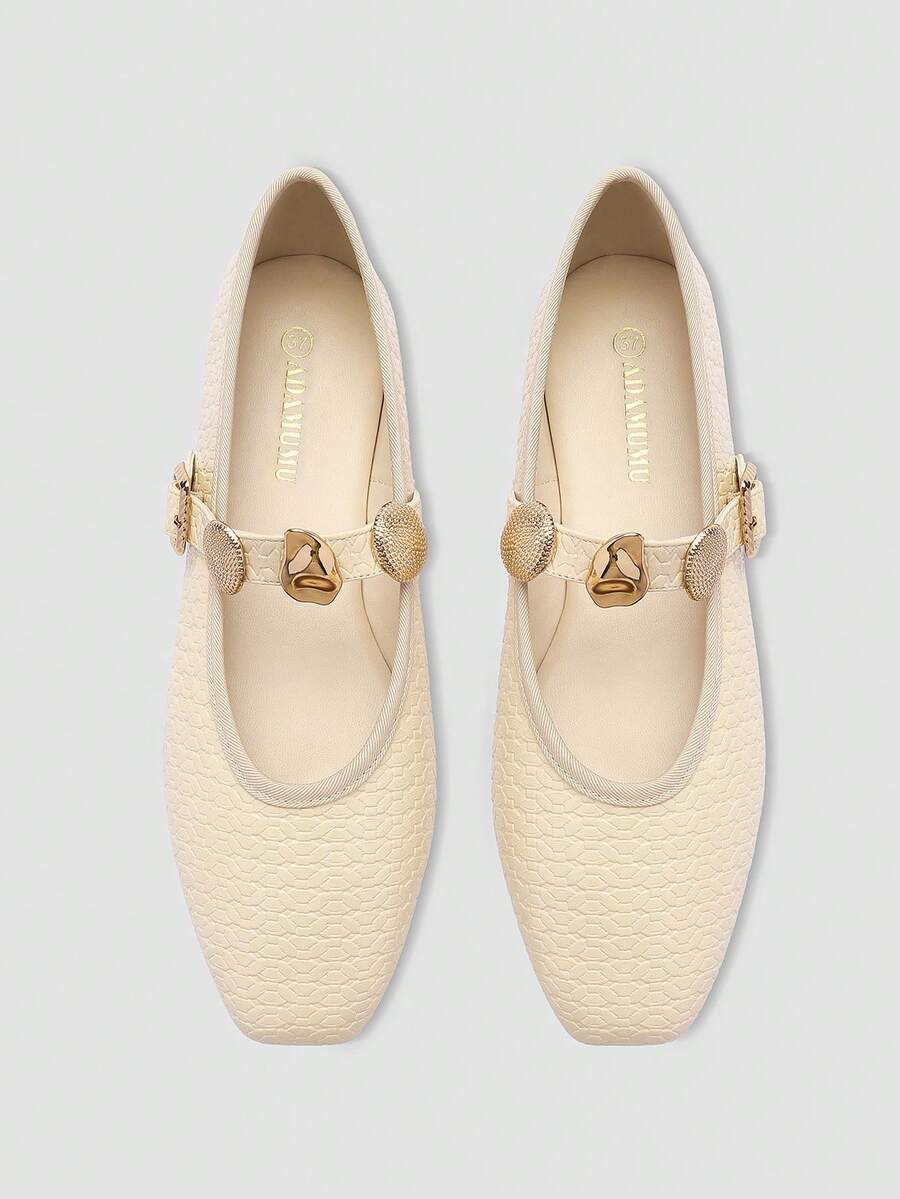 ADAMUMU New Embossed Mary Jane Flats, Geometric Metal Buckle Adjustable Strap, French Style Soft Sole Comfortable Versatile - Chantilly - View 1