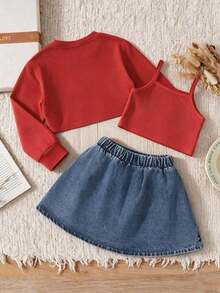 Girls' Front Short Back Long Cherry Embroidered Cover-Up, Minimalist Matching Color Camisole And Pleated Cherry Embroidered Fashion Denim Mini Skirt - Red - View 2