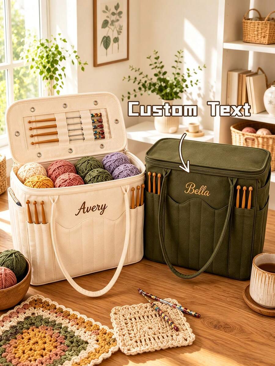 Personalized Embroidered Canvas Knitted Bag, Customized Yarn Storage, Personalized Crochet Bag, Yarn Storage Organizer Bag, Gift For Mom - Multicolor - View 1
