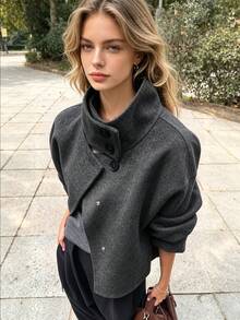 Autumn/Winter Stand Collar Loose Short Coat, Casual Daily Street Commute Versatile Jacket - Dark Grey - View 2