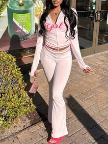 Fall Street Going Out Outfits Women Long Sleeve Graphic Print Top And Pants Y2K Outfit Pants Set For Women Pink Elegant - Pink - View 1